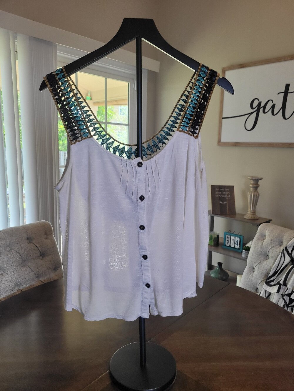 Embellished White Tank Top by Eye Shadow with crocheted Neckline.  Size L
